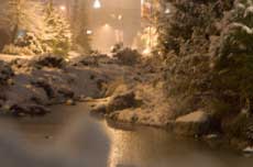 Big snow in Whistler village at night.
